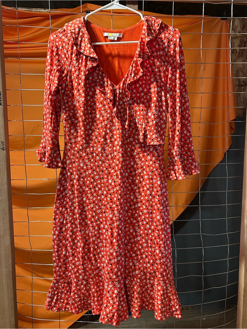 Boden Red Floral Ruffle Midi Dress